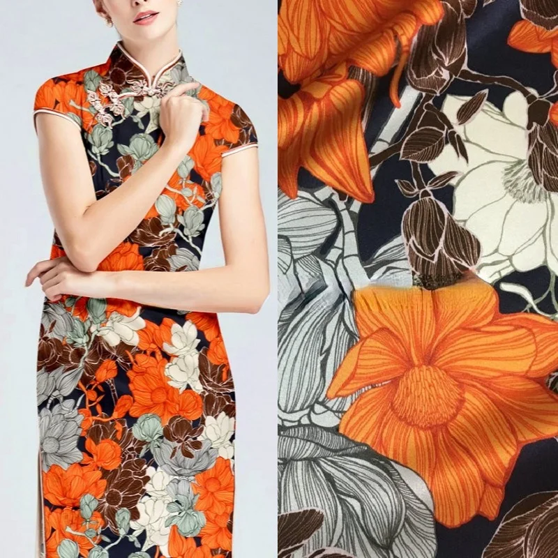 

Painted sunflower inkjet heavy stretch digital printing natural mulberry silk high fashion textile fabric for dress sewing