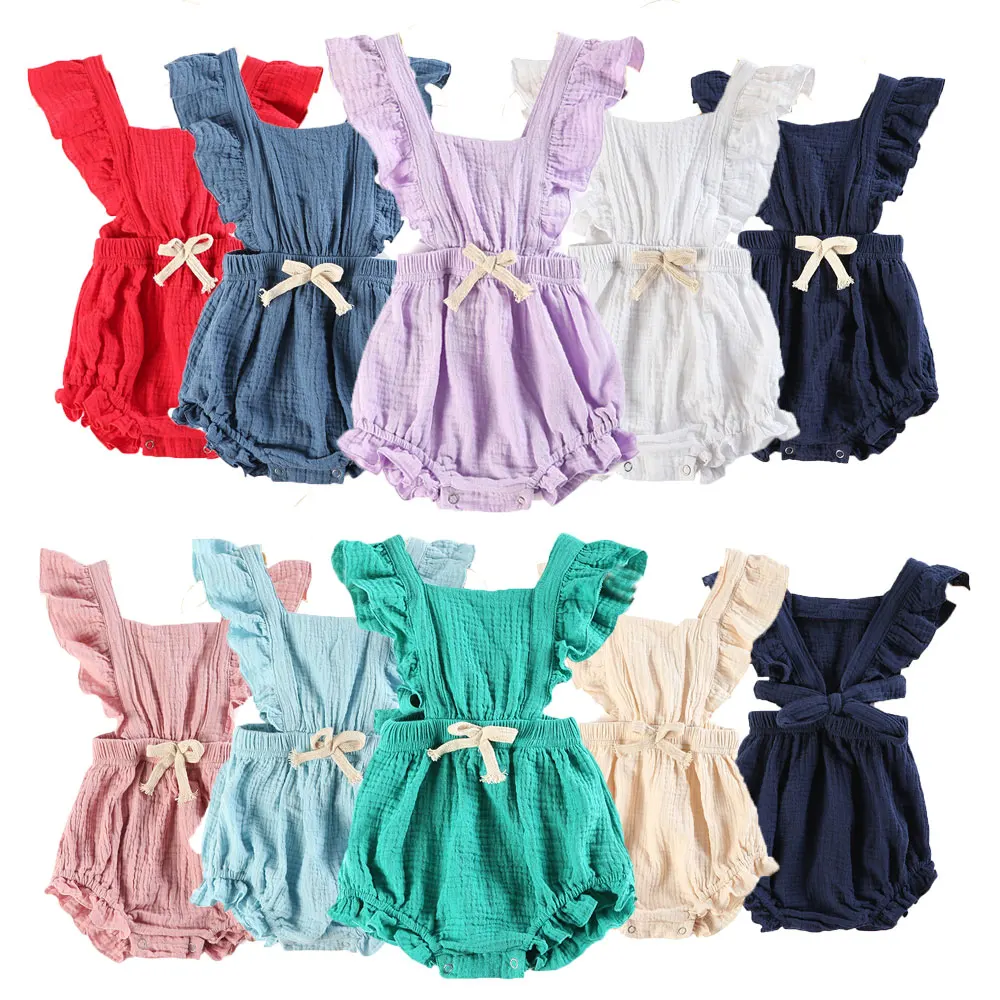 

Newborn Baby Girls Rompers 100% Cotton Ruffled Bodysuits Sleeveless With Bow Infant Clothes 0-24m