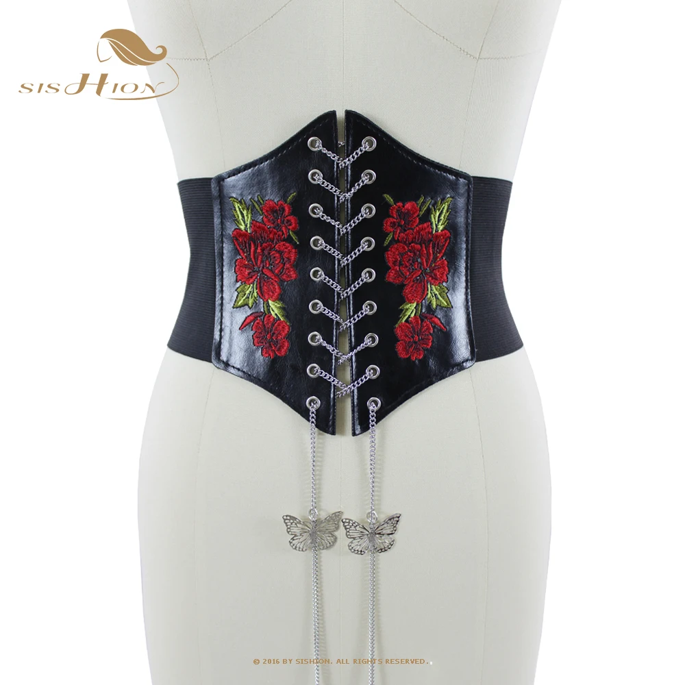 

SISHION Black Sexy Red Floral Embroidery Corset Belt VB0009 Butterfly Chain Wide Waist Trainer Corset Femme Espartilho