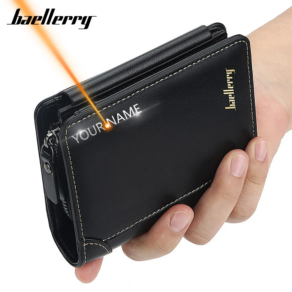 New Men Wallets Name Engraving High Quality Zipper Short Desigh Card Holder Male Purse Vintage Coin Holder Men Wallets