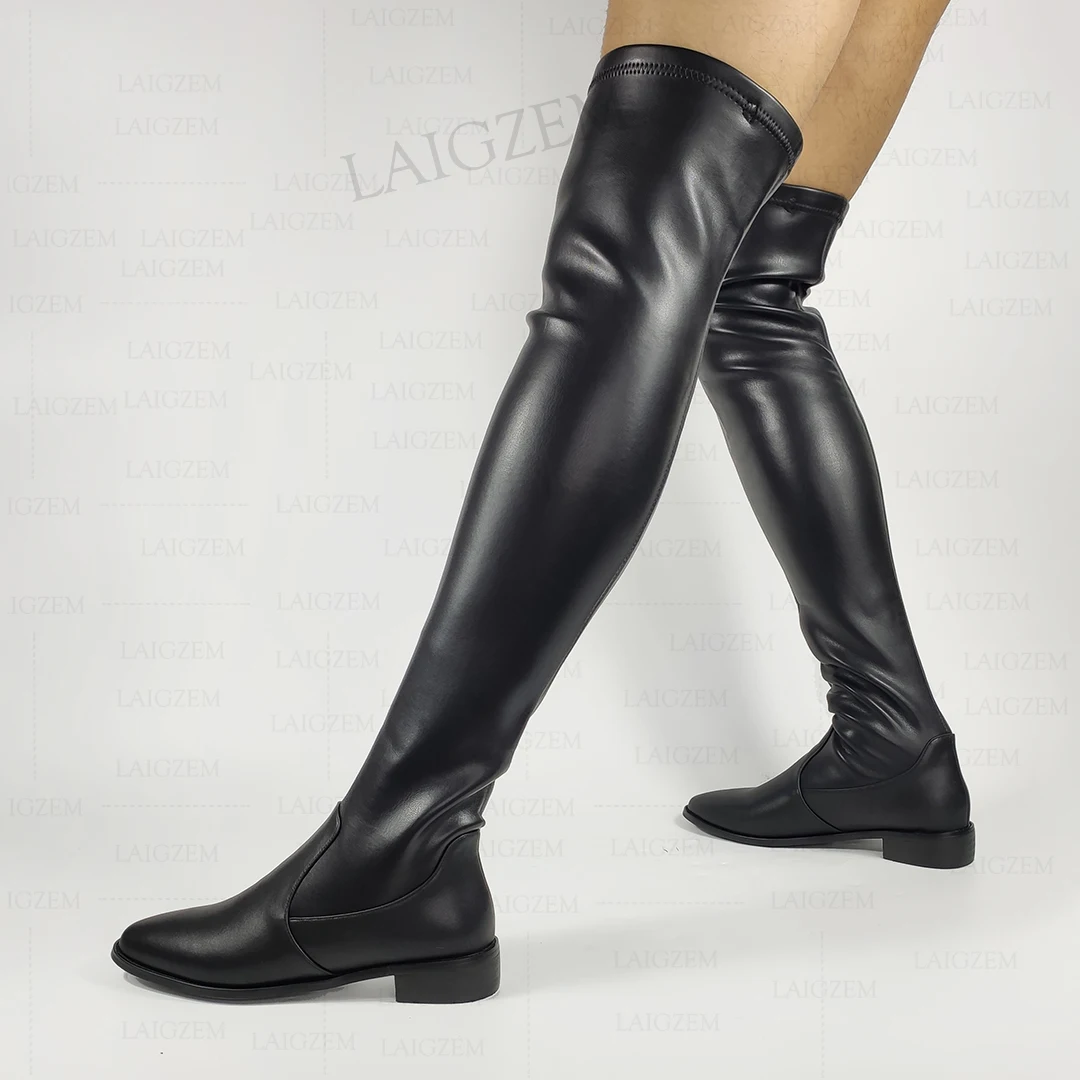 LAIGZEM Women Over Knee High Boots Pull On Leather + Stretchy Synthetic 3CM Low Heels Boots Ladies Shoes Woman Big Size 37 39 42