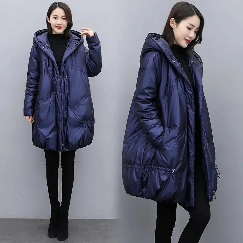 New Women's Down Cotton Jacket Casual Hooded Parka Overcoat Long Winter Cold Warm Cotton Padded Coat Windproof Outerwear 85kg