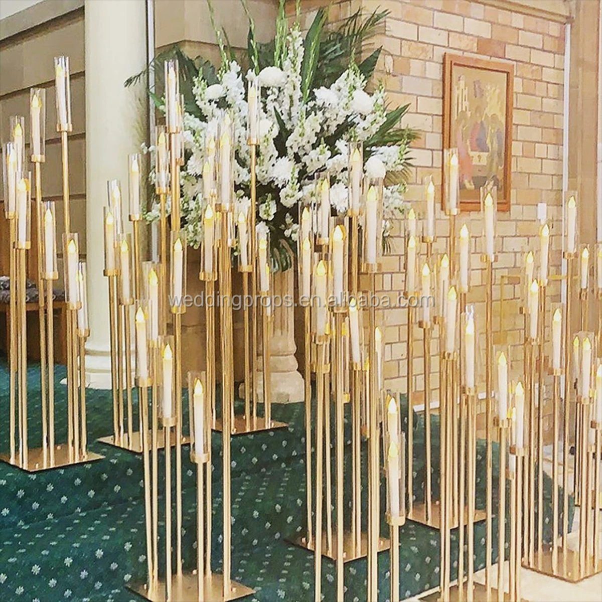 

Stainless steel gold metal backdrop stand Acrylic Candle Holder Candlestick table centerpieces for wedding stage decoration