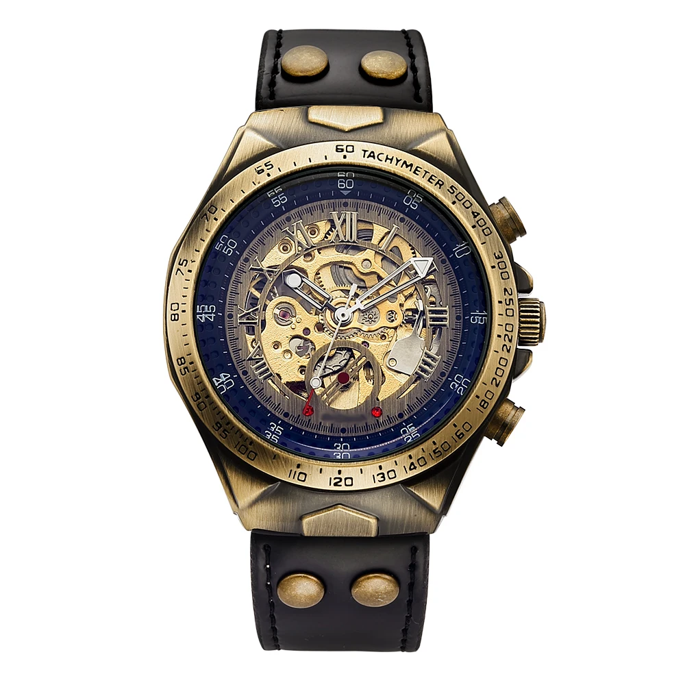 Reloj mecánico automático para hombre, pulsera de cuero, estilo Retro, Steampunk