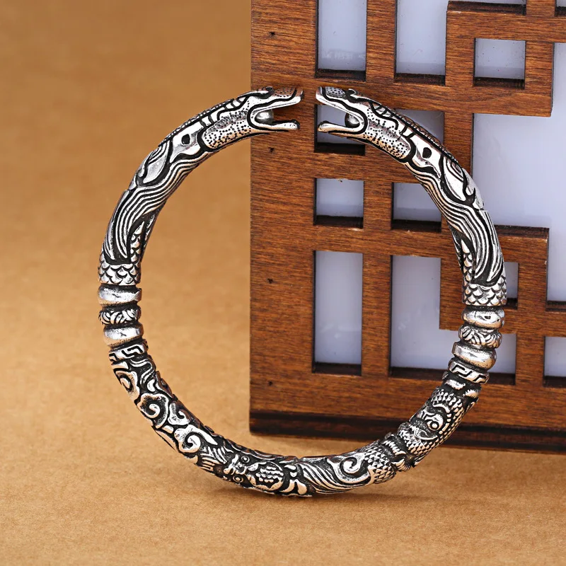 Double Dragon Head Tibetan Silver Bracelets & Bangles For Men Women Adjustable Wristband Cuff Bracelets Jewelry Accessories