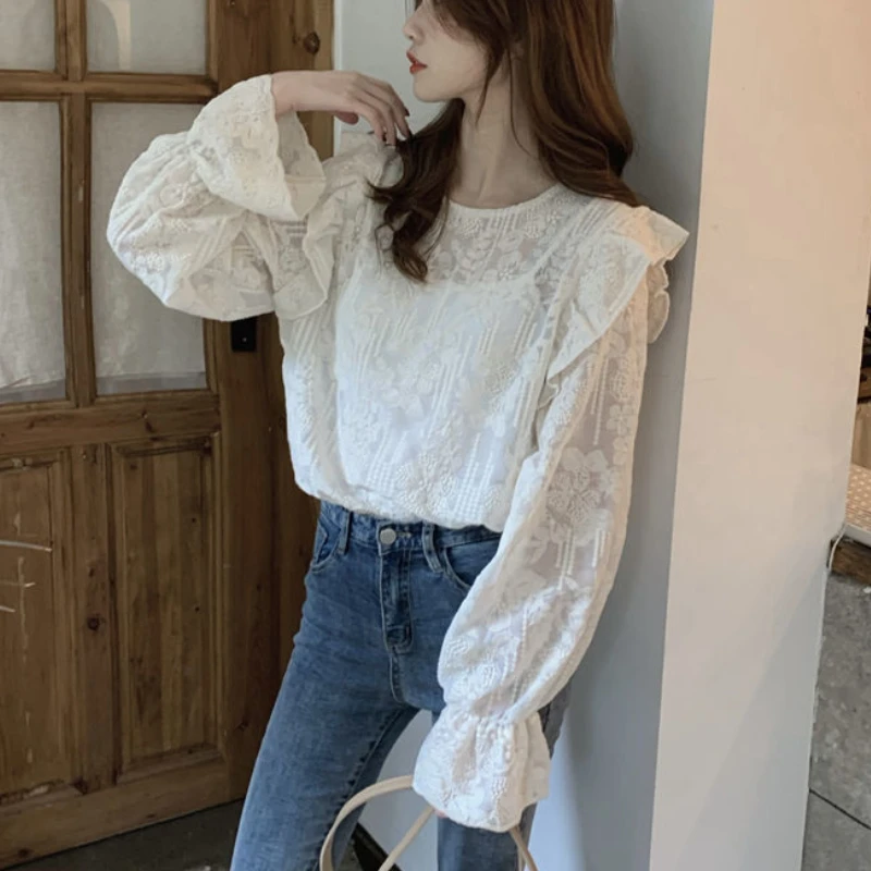 Women Blouse Elegant Romantic Embroidery Spring Tender Long Sleeve White All-match Pure Top Office Street Leisure Comfort Kawaii