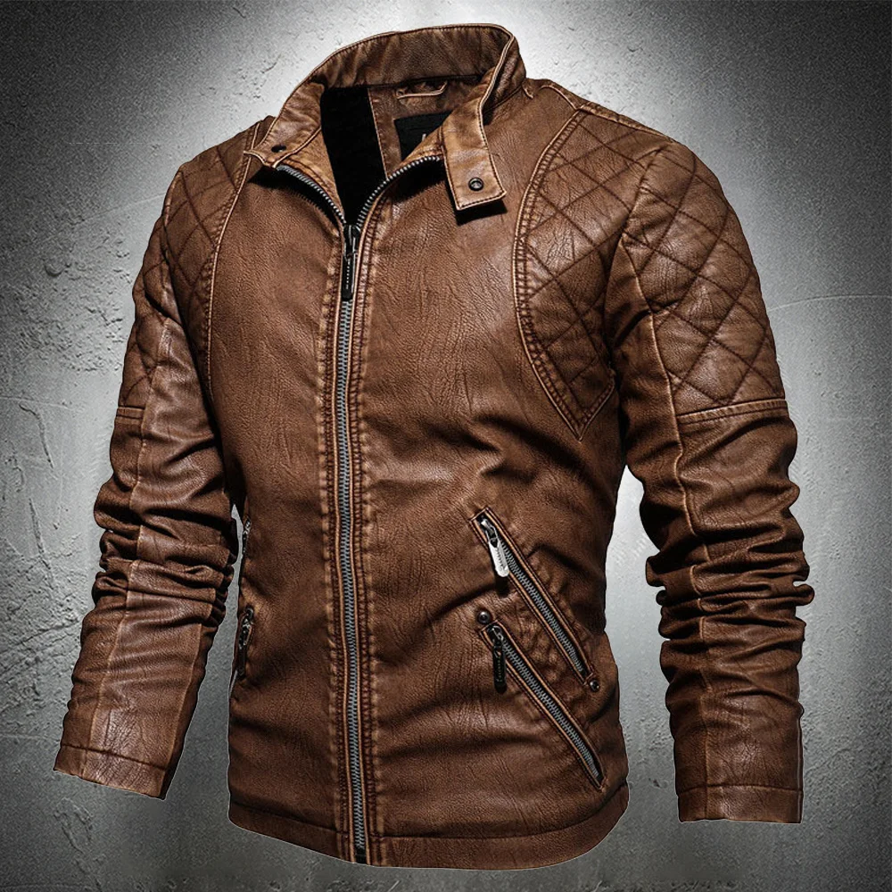 

Classical Motorcycle Leather Jacket Men's Spring Fashion Coat Jacket Youth Stand Collar Punk Coats Stripe Plus Size Leather Coat