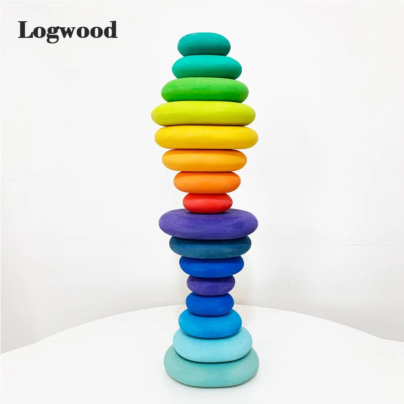 

Baby toy Big Size 16pcs Rainbow stone colorful shape Monterssori Educational wooden toys for Childeren