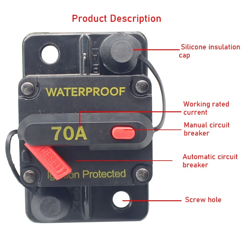 70A Circuit Breaker  for Boat Trolling with Manual Reset Surface Mount,Water Proof IP67,12V- 48V DC surge protector