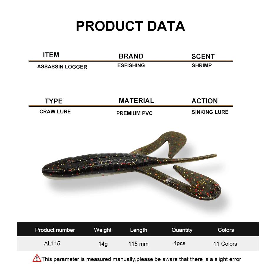 ESFISHING Plastic Lures Assassin Logger 115mm 4pcs Fishing Tackle Silicone Bait Pesca Leurere Souple Soft Lures for Bass