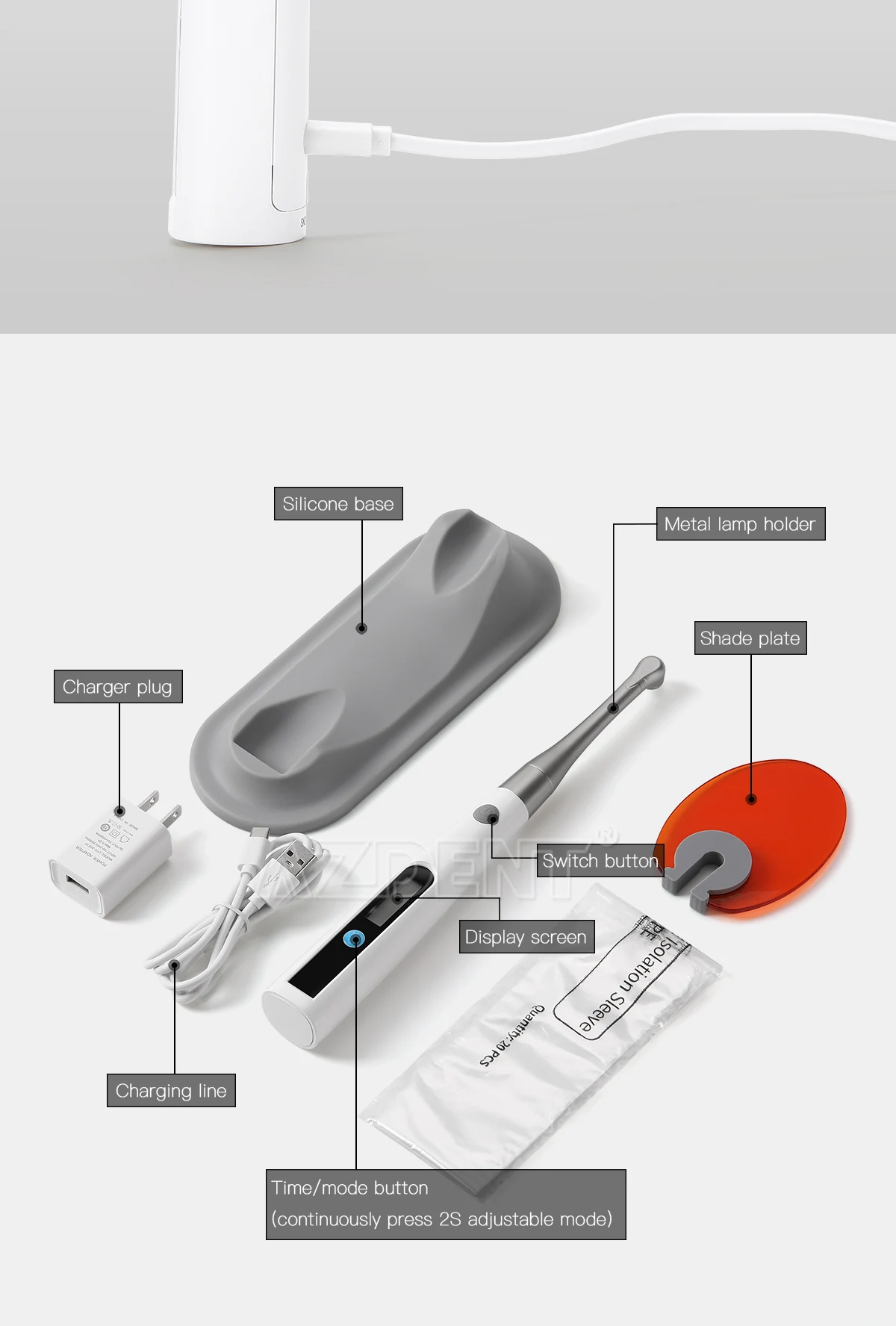 AZDENT Dental-LED-Härtungslicht, 1 Sekunde, Heilungslampe, 2 mm Harz, 1200–1400 mW/cm2, kabelloser Metallkopf, 3 Modelle einstellbar – Detail 8