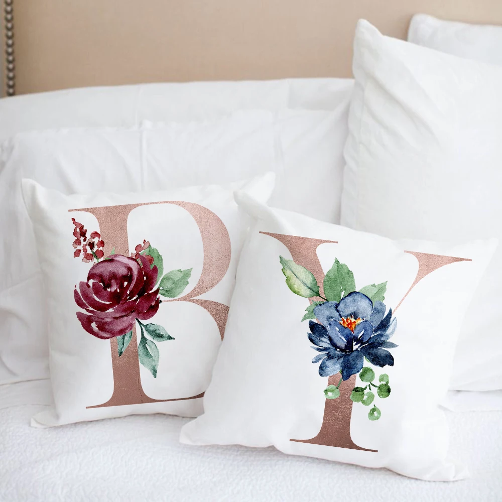 

Alphabet Flowers A-Z Marry Pillowcase Home Cushion Cover Decor Sofa Living Room Decorative Polyester Pillow Cases Wedding Gifts