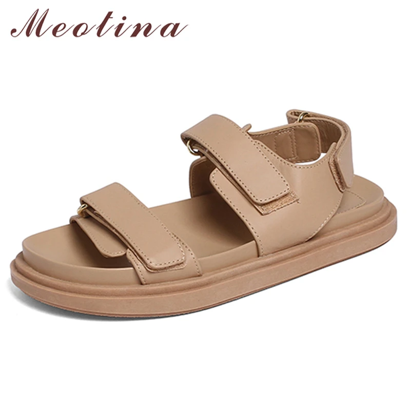 Meotina Sandals Shoes Women Flat Platform Low Heel Sandals Square Toe Split Leather Shoes Flat Ladies Footwear Summer Fashion