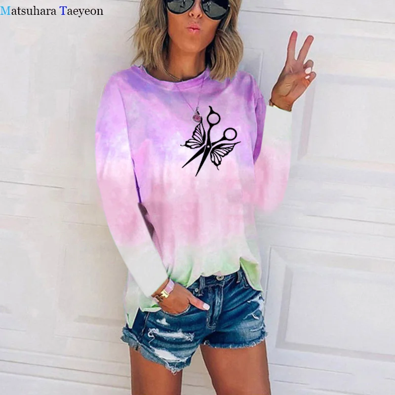 Fashion T Shirt Women Hairdresser Scissors T-Shirt Casual Cotton Tee Shirt Femme Butterfly Print Long Sleeve T Shirt Wome Tops