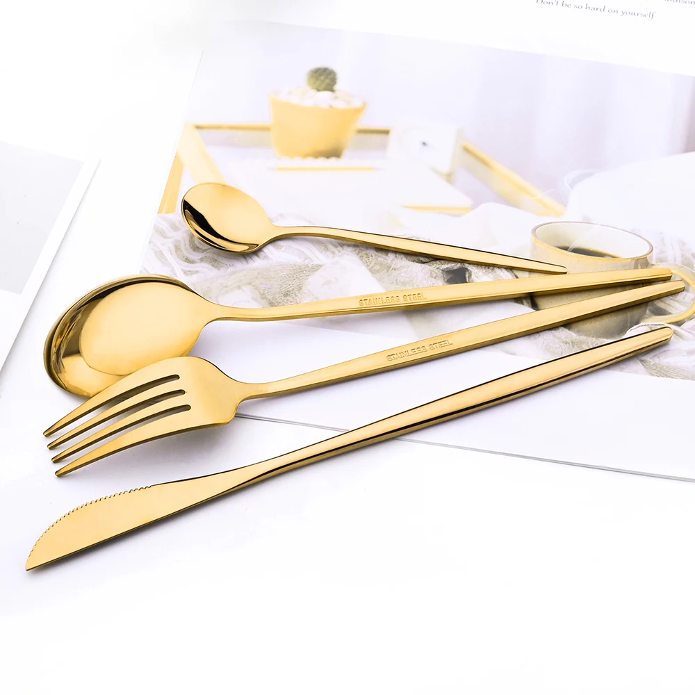 Mirror 24 Pcs Gold Cutlery Sets Kitchen Tableware Stainless Steel Knife Forks Spoons Silverware Home Flatware Set Dinnerware Set