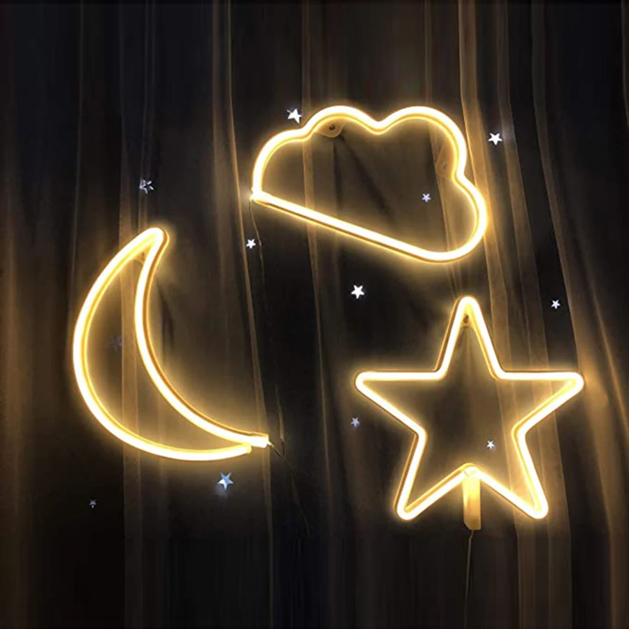 Star Shape LED Neon Sign Lights Sky Modeing Lamp Nightlight Ornaments for Wall Art Child Room Party Holiday USB & Battery Box