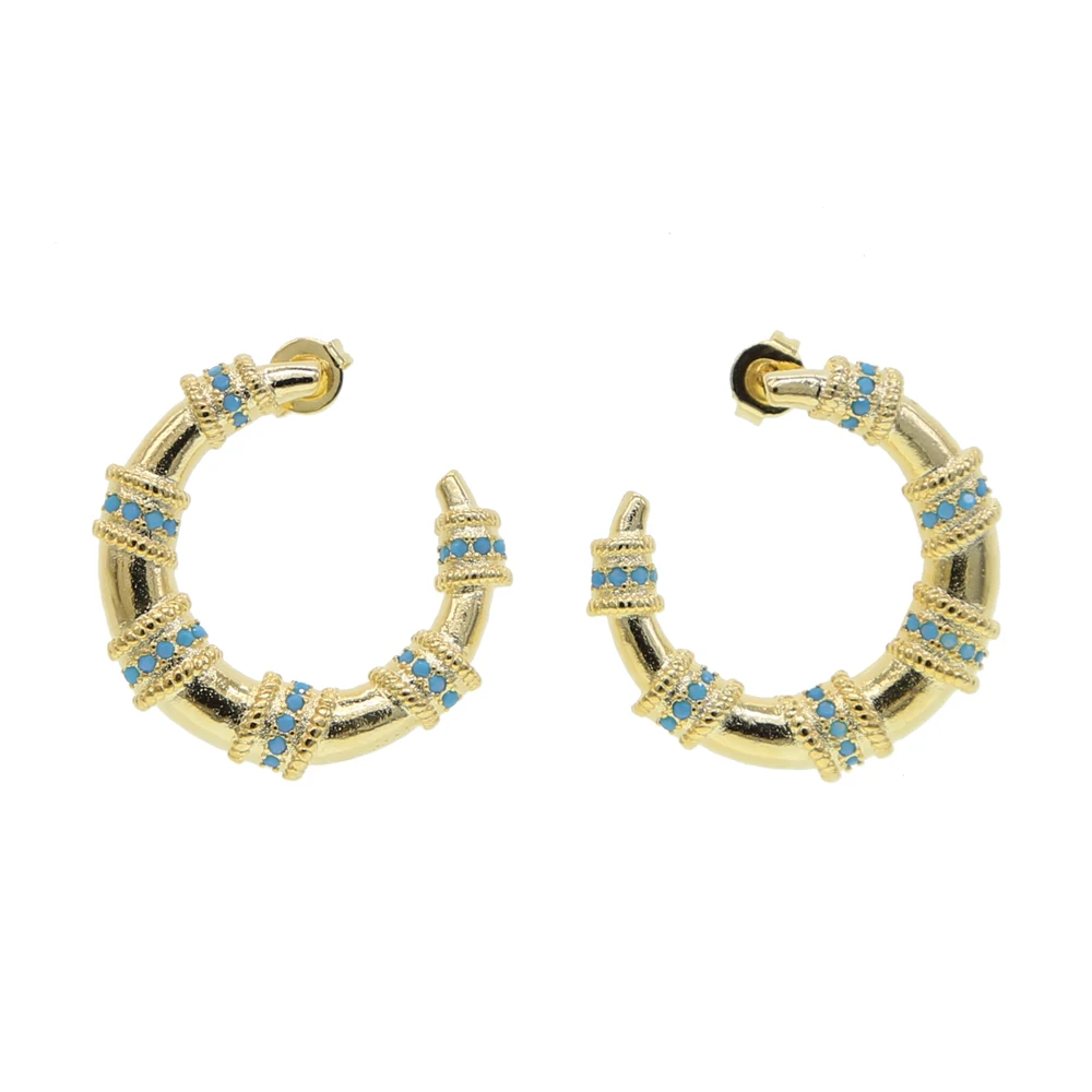 Gold color blue turquoises stone geometric round circle big horn crescent moon stud earring