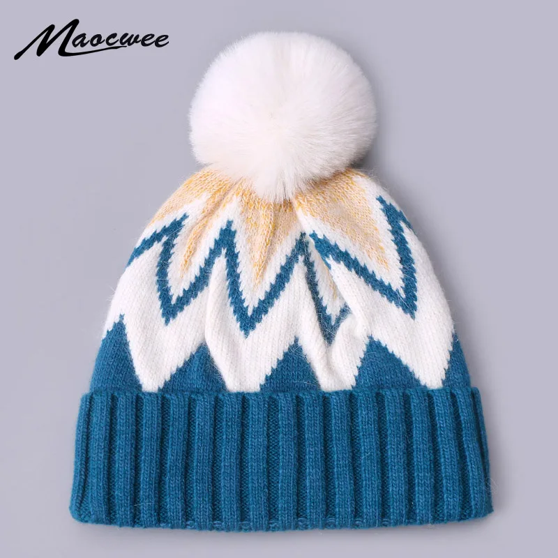 Winter Women Mixed Color Beanie Hat With Faux Fur Pompon Cute Knitted Stripe Patterned Wool Ski Cap Bonnet Warm Soft Hat Beanie