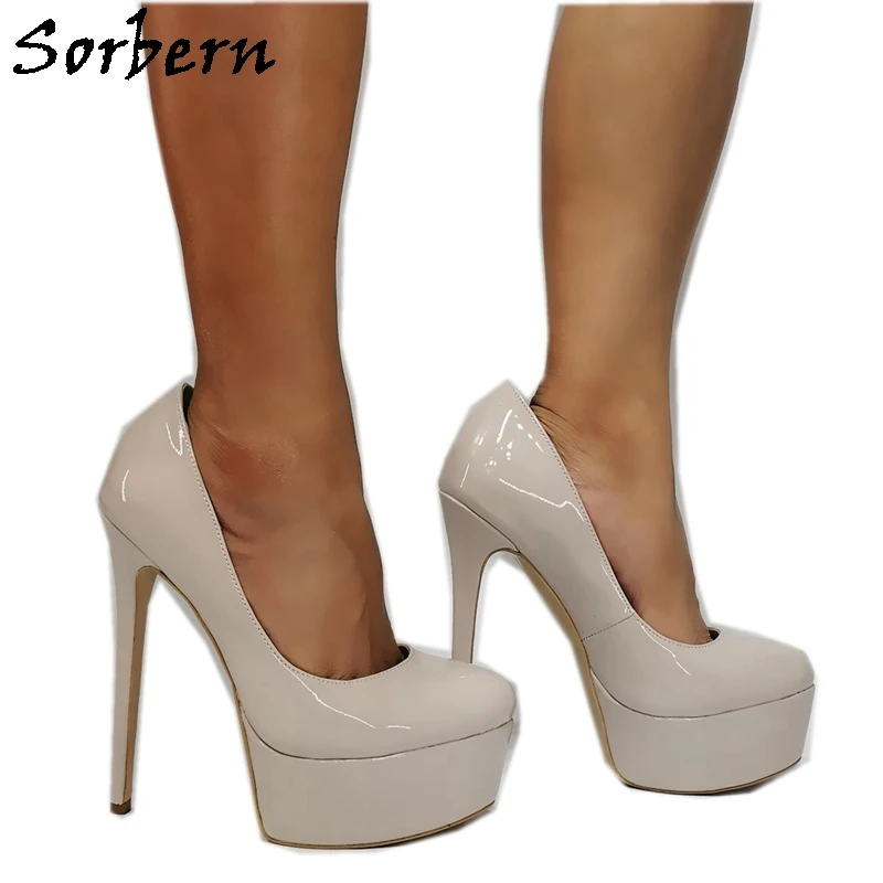 Sorbern Light Grey Patent Women Pump Shoes Platform High Heel Slip On Round Toe Drag Queen Big Size Shoe Heels For Women