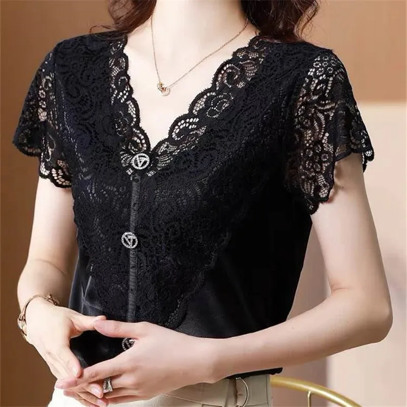 

Summer Women Ice Silk Splice Shirts Temperament High-End Casual Blouses Short Sleeve V-Neck Beading Loose Tops Blusas MM0631