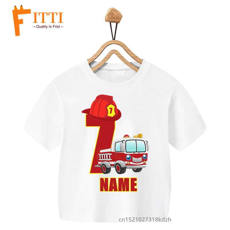 Feuerwehr Auto Geburtstag Zahlen Blume Drucken Jungen/Mädchen Weiß T-shirt Kind Sommer Kawaii Lustige Kleine Baby Kleidung, drop Schiff