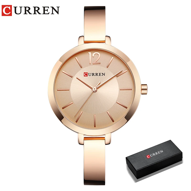 CURREN Modische Goldene Damenuhren Edelstahl Ultra-Dünne Quarzuhr Romantische Damenuhr mit Box