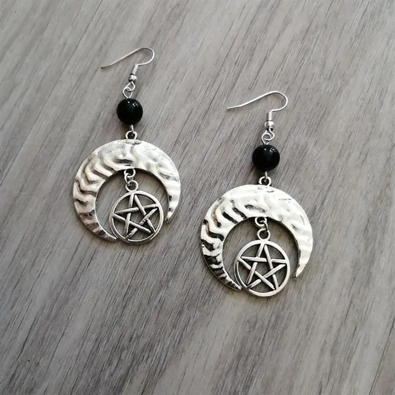 crescent moon protective pentagram Earring beads onyx black witchy wicca pagan magic esoteric Fashion Goth Witch Jewelry Women