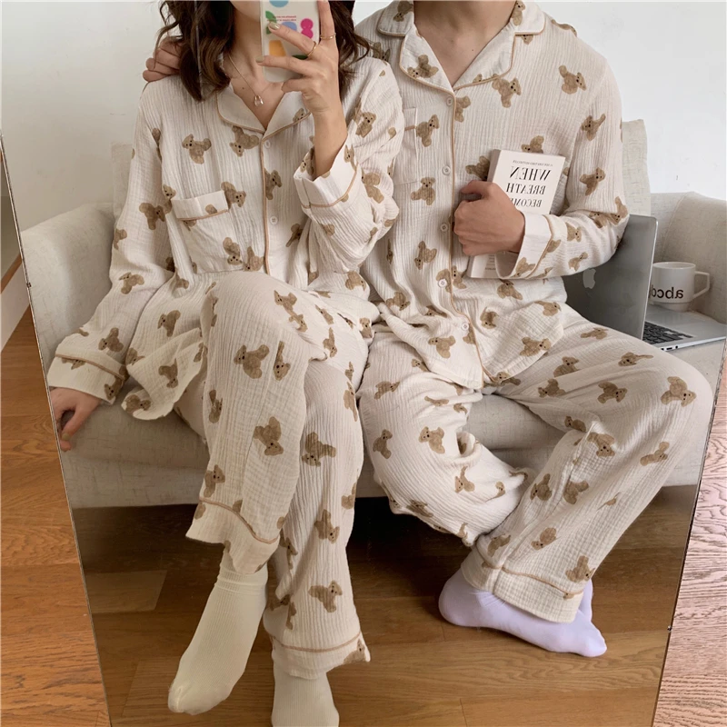 Couple Lovers Kawaii Cotton Autumn Pajamas Set Women Korean Casual Cotton Two Piece Set Home Suit Sleepwear Pockets Vintage