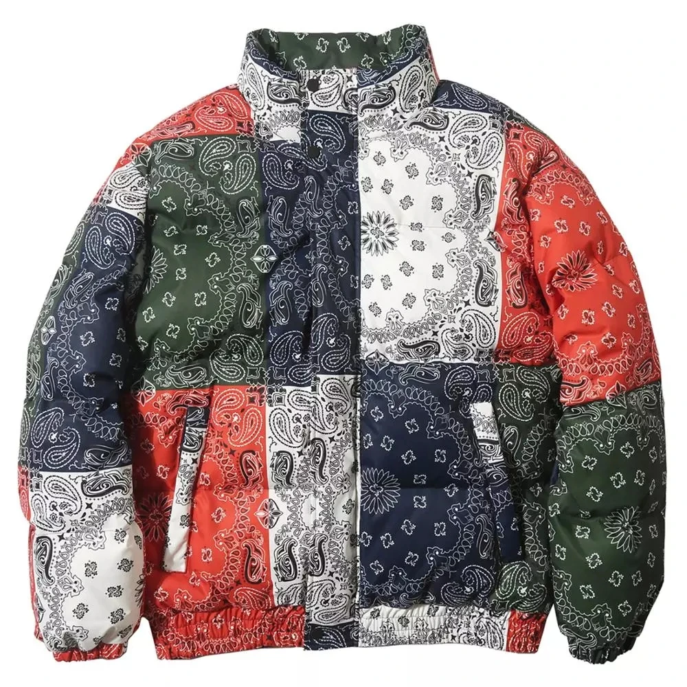 

Vintage Pattern Color Block Mens Thick Parkas Casual Warm Padded Jacket Coats Nice Harajuku Windbreaker Streetwear