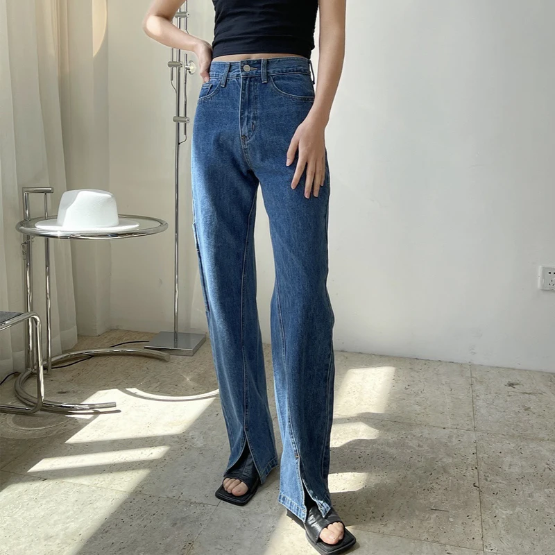 Summer women's casual solid color high-waist split loose jeans