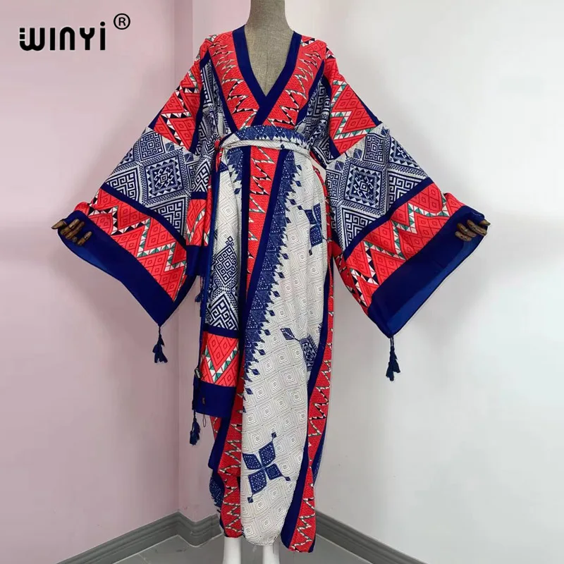 Spring Summer Lady KIMONO Women\'s Dress Wave Print Long Sleeve V-Neck Casual Loose Holiday beach cardigan Dress robe sexy femme