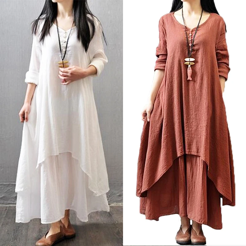 

Spring and Summer Women's Long Skirt Long Sleeve Plus Size Fake Two-piece Round Neck Dress Office Casual Loose Cotton Linen