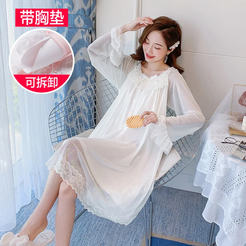 Sexy Chest Pad Women Autumn Long-Sleeved Nightgowns Pure Cotton Palace Princess Lace Nightdress Ladies Nightshirt Long Dress
