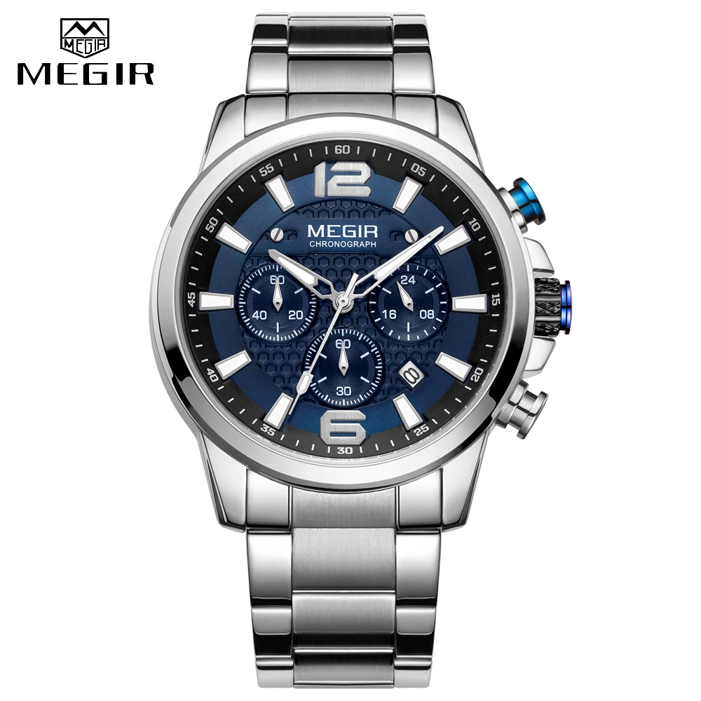 

MEGIR Top Luxury Brand Watch Full Steel Mens Sport Quartz Wrist Watch Men Luminous Waterproof Chronograph Military Date Clock