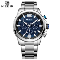 MEGIR-reloj analógico de acero inoxidable para hombre, accesorio de pulsera de cuarzo resistente al agua con cronógrafo, complemento masculino deportivo de marca de lujo con esfera luminosa y diseño militar