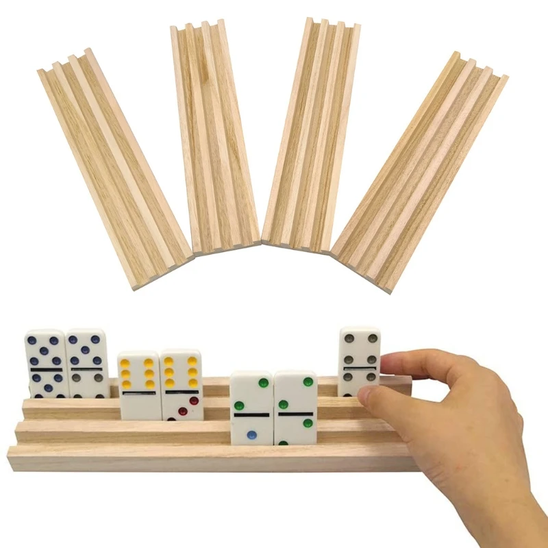 Domino Racks Set of 4, Plusvivo Wooden Domino Trays Holders for mexican Train Chicken Food and Other Dominoes Games