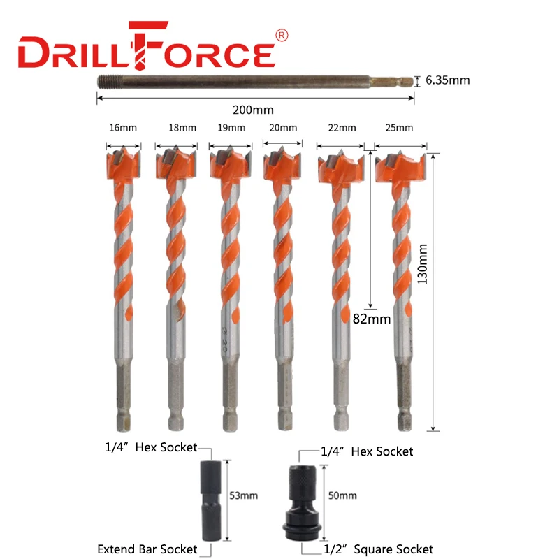 Набор сверл Drillforce, комплект из 9 твердосплавных насадок 16-25 мм, для работ по дереву