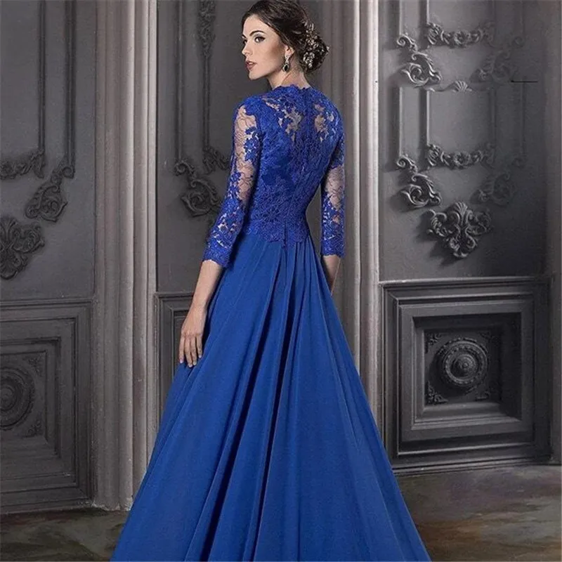 Elegant Blue Mother of the Bride Dresses Long Sleeves Lace Exquisite Chiffon Groom Mother Dress A Line Wedding Party Guest Gowns