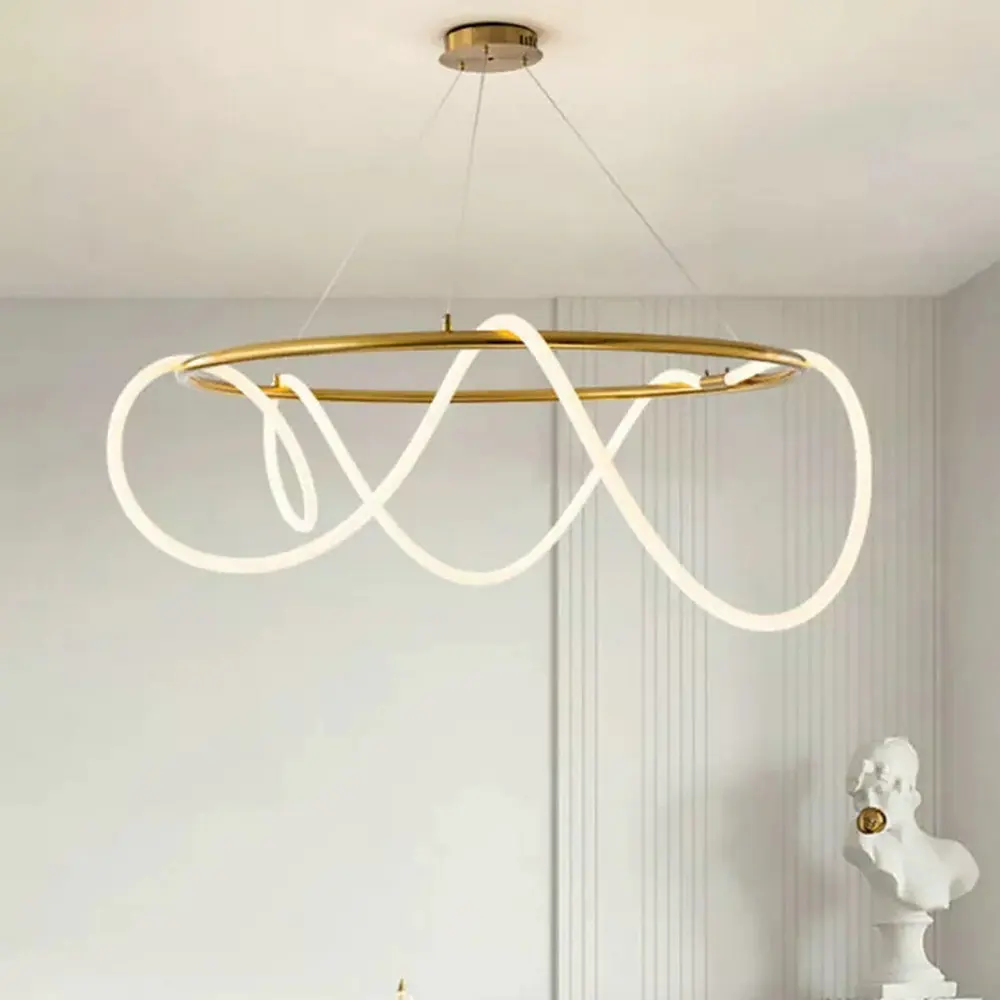 Nordic Design Gold LED Long Round Chandelier for Bedroom Living Dining Study Room Kitchen Shop Modern Indoor Decoration Lighting