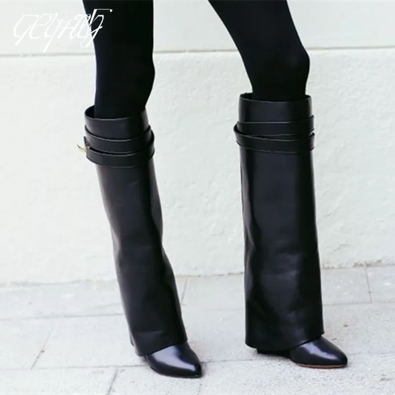 Luxury Shark Boots Slip-on Genuine Leather Women Knee-high Boots Pointed Toe High Heel Wedge Designer Shoes Botas Femininas 2024