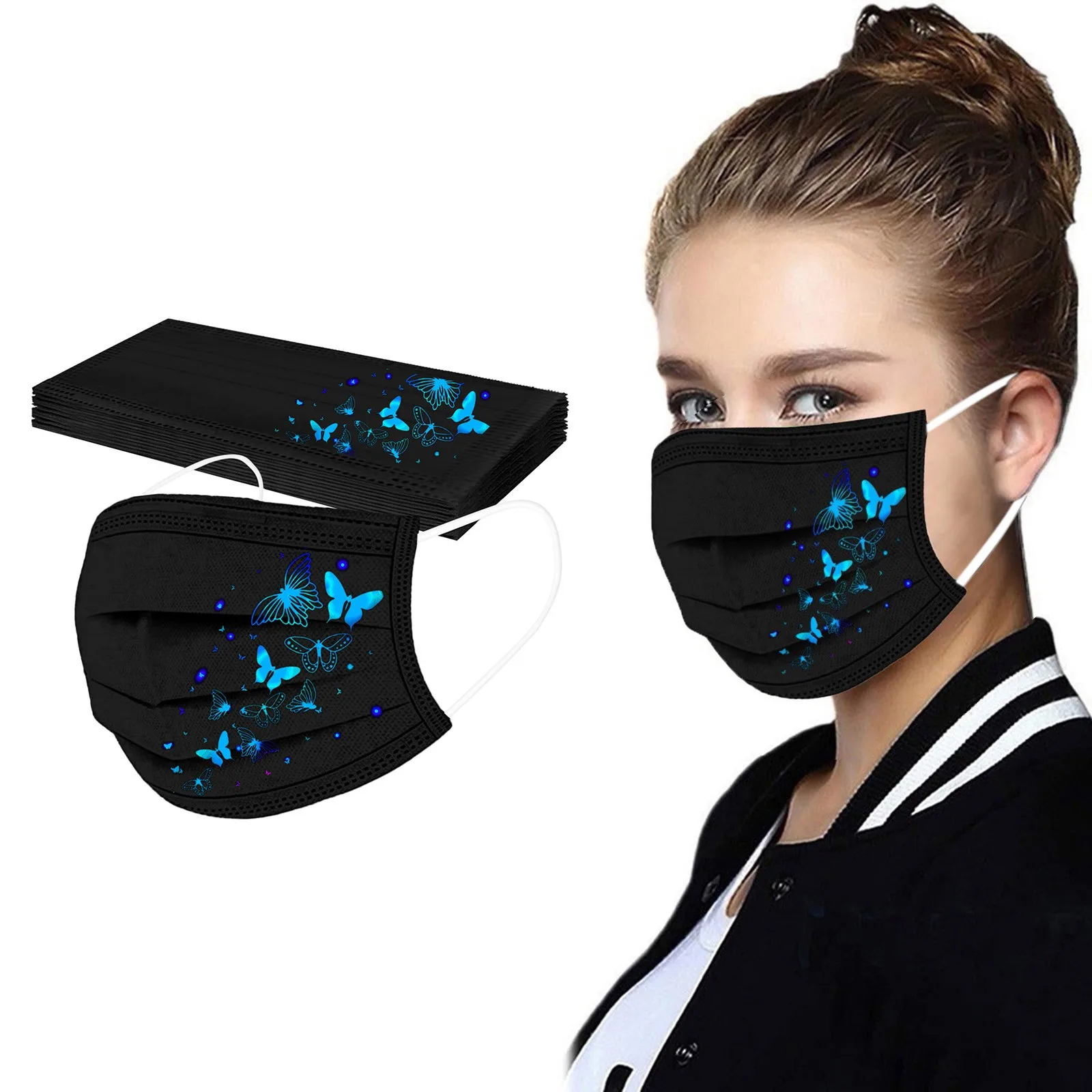 10pcs Adult 3d Butterfly Printed Mask Black Disposable Face Masks 3 Layers Non-woven Protection Mouth Mask Mascarillas Negras