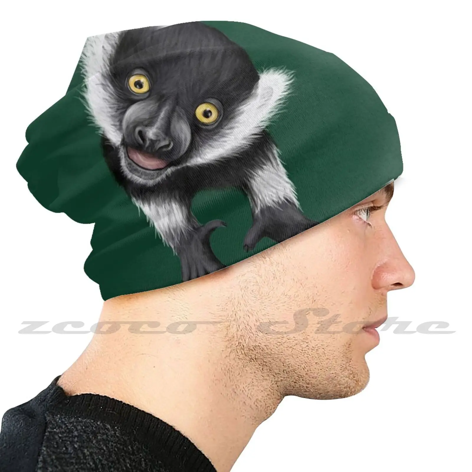 Funny Baby Lemur Knit Hat Elastic Soft Personalized Pattern Present Cap Lemur Monkey Primate Madagascar Zoo Zookeeper Black