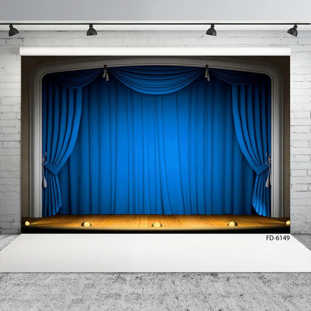 Blue Curtain Light Stage Photo Background Custom Vinyl Photography Backdrop for Children Baby Portrait Theatre Photobooth Props