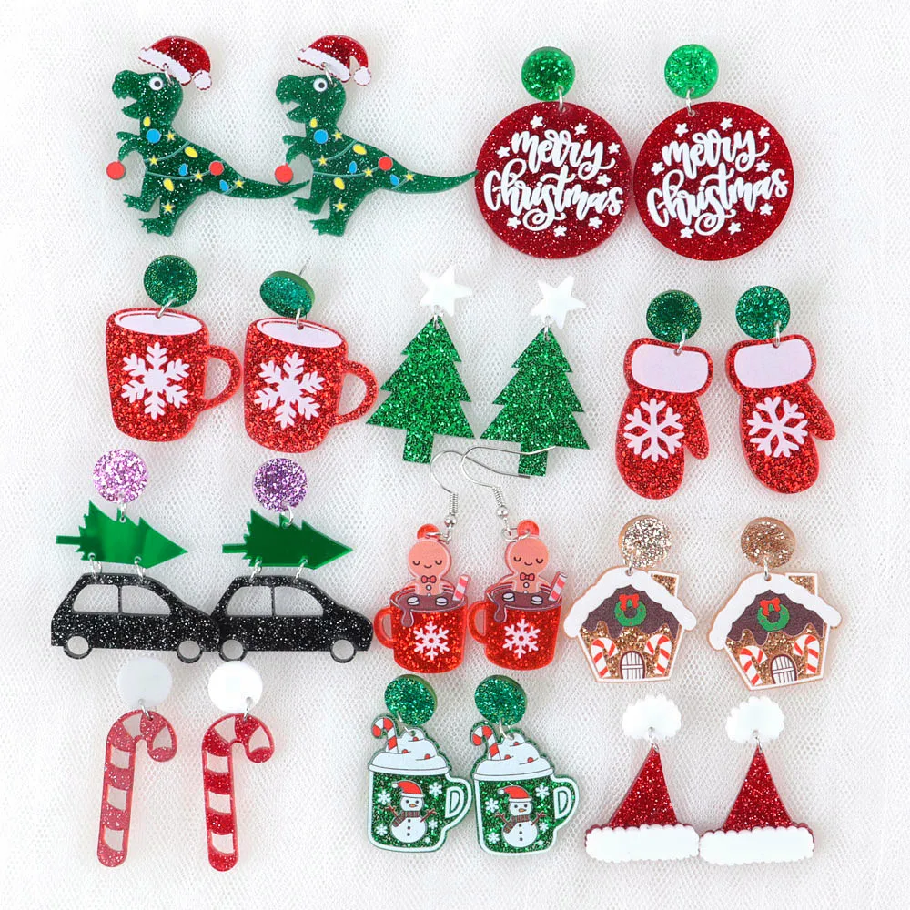 FishSheep  New Lovely Christmas Trees Drop Earrings For Women Glitter Acrylic Snowman Snowflake Xmas Drop Earrings Jewelry Gifts
