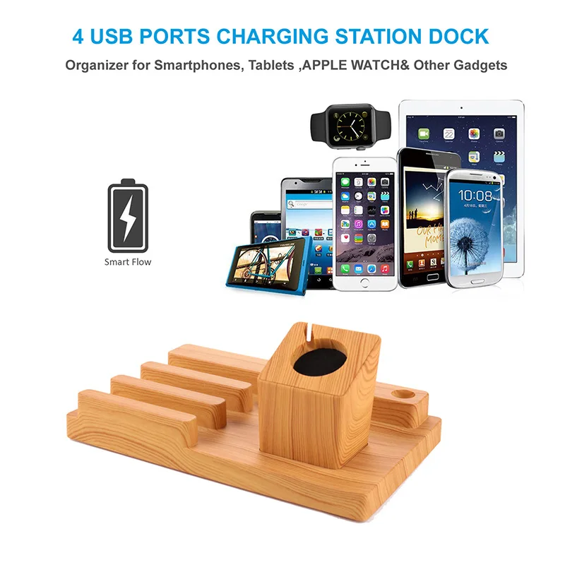 4 PORT Bamboo Wooden Charging Station Dock & Organizer for Smartphones, Tablets & Other Gadgets For I  watch Charging stand