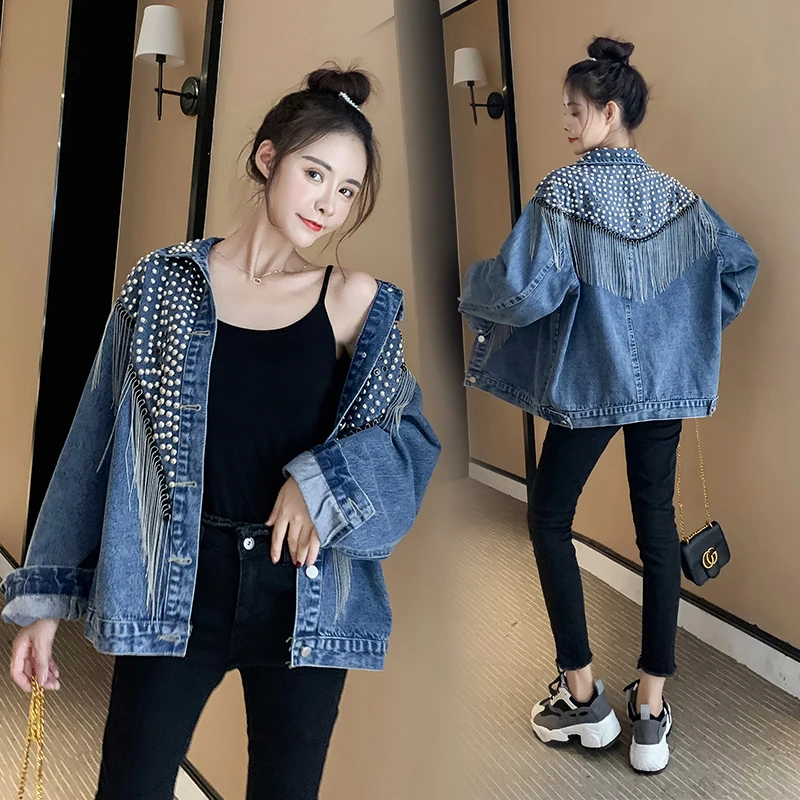 Autumn Denim Jacket Coat Women Rivet Tassel Chain Short Coats Woman Loose Streetwear Long Sleeve Black Coats Abrigo De Mujer