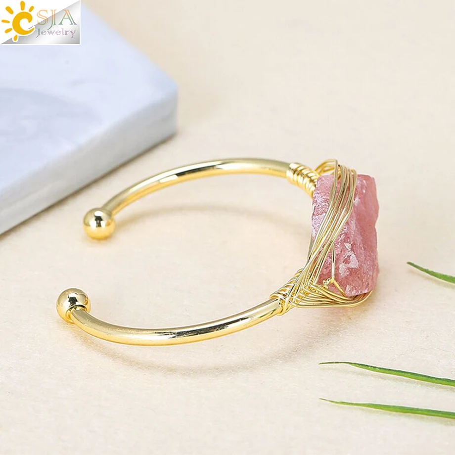 CSJA Gem Stone Open Cuffs Bracelets Crystals Natural Stones Bangles Gold Color Wire Wrap Bracelet for Friend Bijoux Femme G866