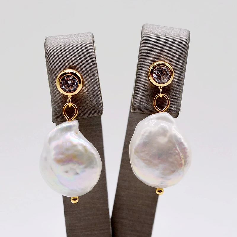 Pearl Earrings White Natural Pearl Pendant Cubic Zirconia Baroque Gold Women Earrings
