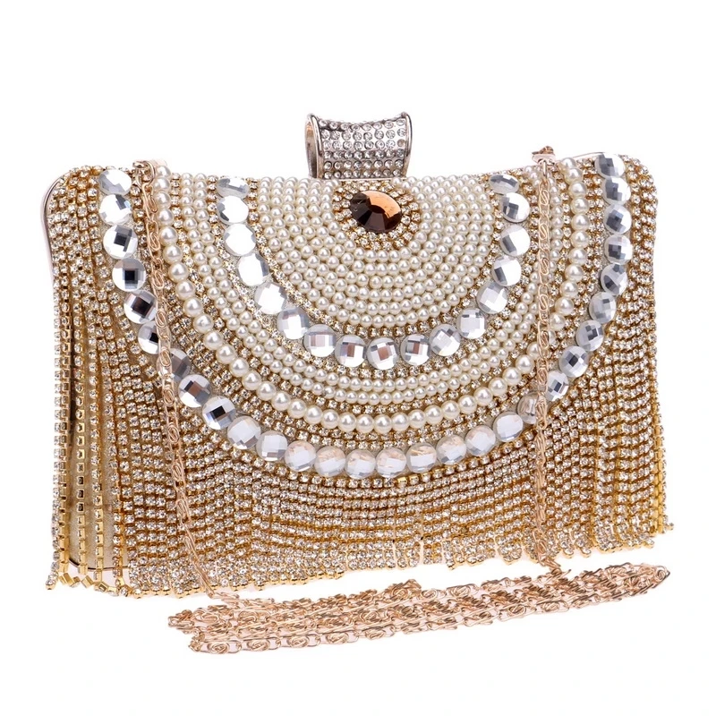 

Rhinestones Tassel Clutch Diamonds Beaded Metal Evening Bags Chain Shoulder Messenger Purse Evening Bags For Wedding Bag