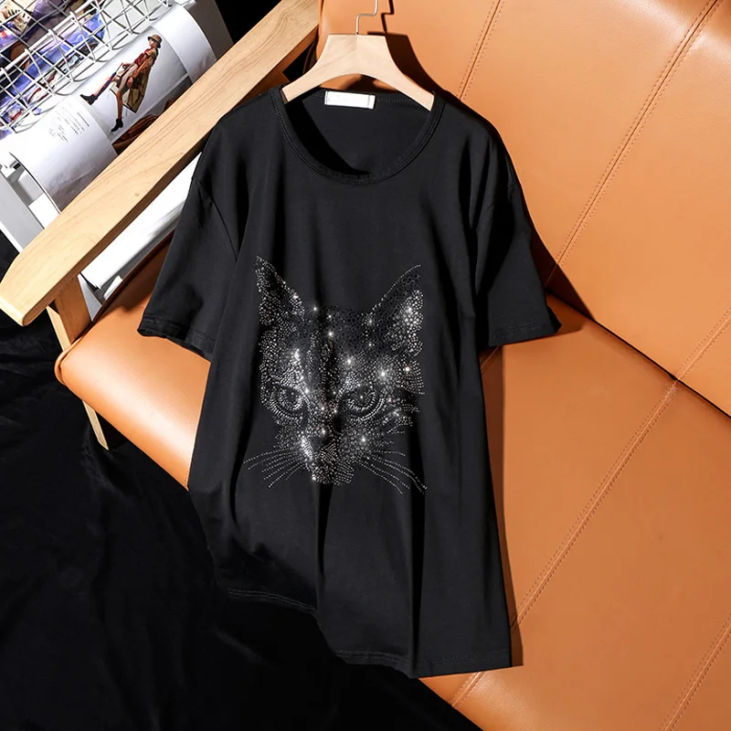 Summer 2021 new Fashion Loose short-sleeve T-shirt for women casual personality cat Pattern Hot diamonds Round neck female tops